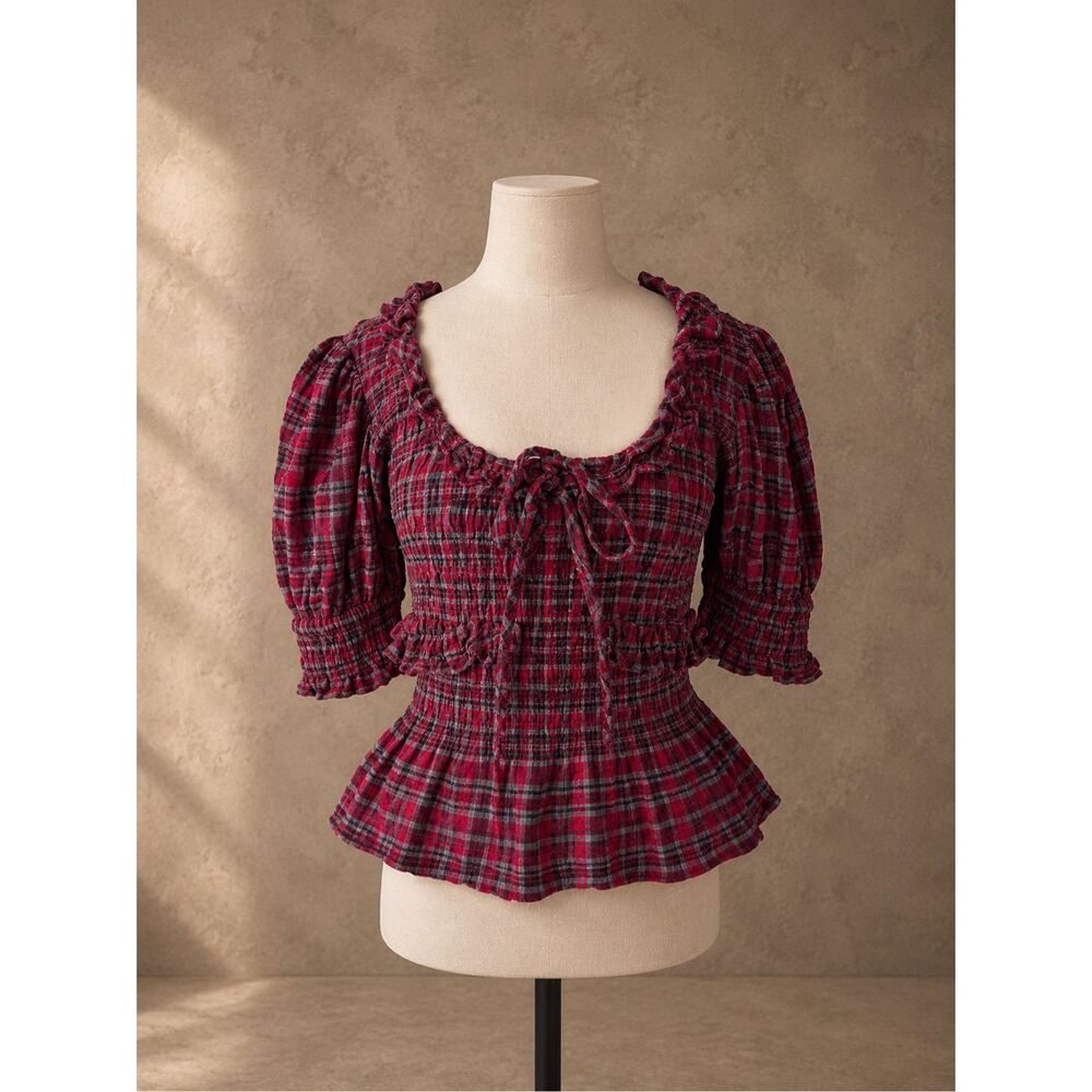 Damson Madder US 8 UK 12 Meghan Puff Sleeve Blouse Tartan Plaid Anthropologie